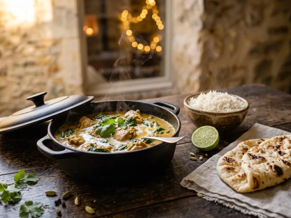 Cocotte de curry de poulet au lait de coco avec épinards et coriandre, servie avec du riz basmati, un citron vert et des naans