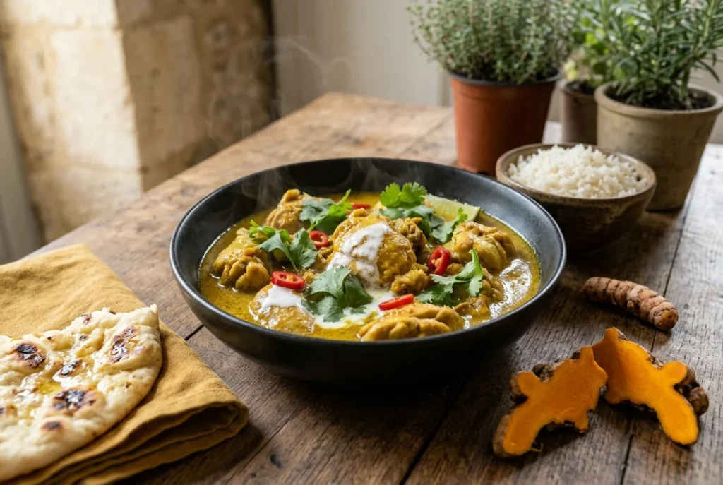 Curry de poulet au lait de coco et au curcuma fait maison, servi avec du riz basmati, un naan et du curcuma frais