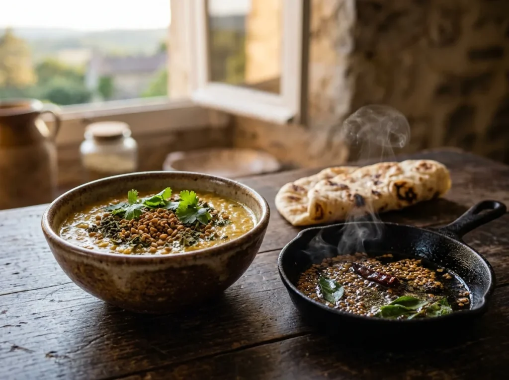 Tigela de dal de lentilha vermelha perfumado com feno-grego e coentro fresco, com uma frigideira de especiarias refogadas no óleo e um pão naan