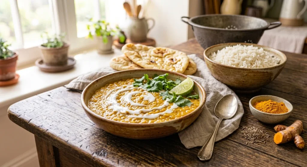 Bol de dahl de lentilles corail au lait de coco garni de coriandre et de citron vert, servi avec du riz basmati, des naans, du curcuma et du cumin