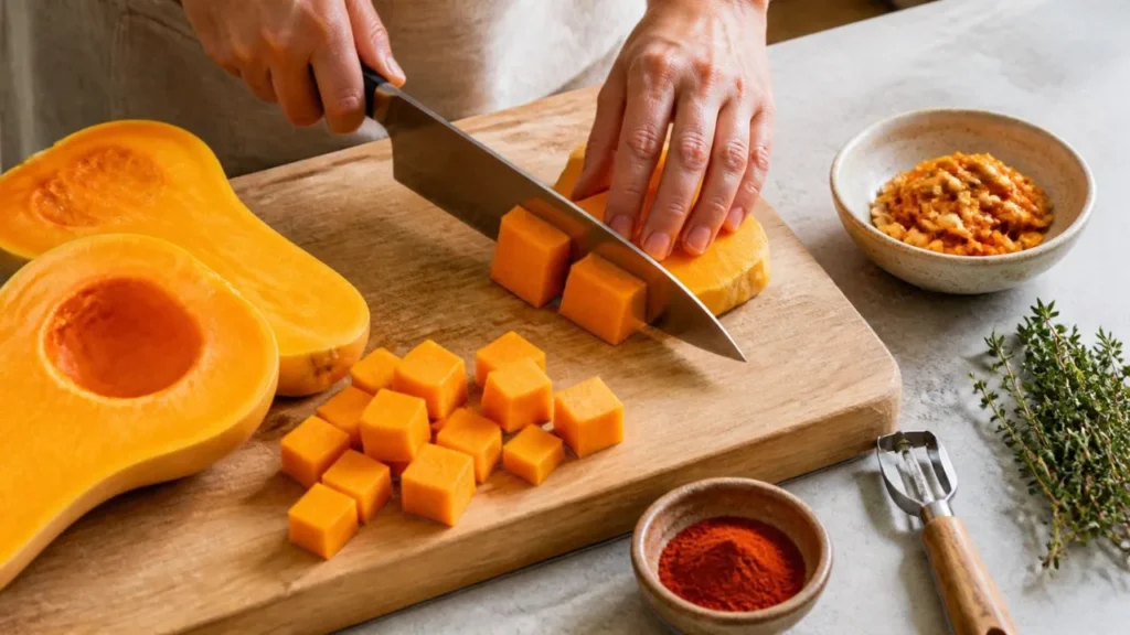 Mains qui découpent une courge butternut en cubes sur une planche en bois, à côté d'un économe, de thym frais et d'un bol de paprika fumé