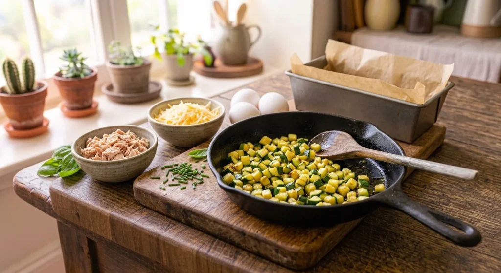 Dés de courgette dorés à la poêle, à côté de thon émietté, de fromage râpé, d'œufs et d'un moule à cake chemisé de papier cuisson