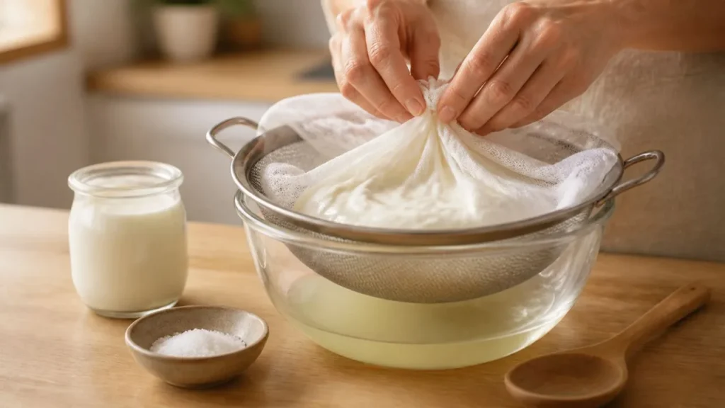 Mains qui referment une étamine remplie de yaourt dans une passoire posée sur un saladier, pour faire égoutter le labneh
