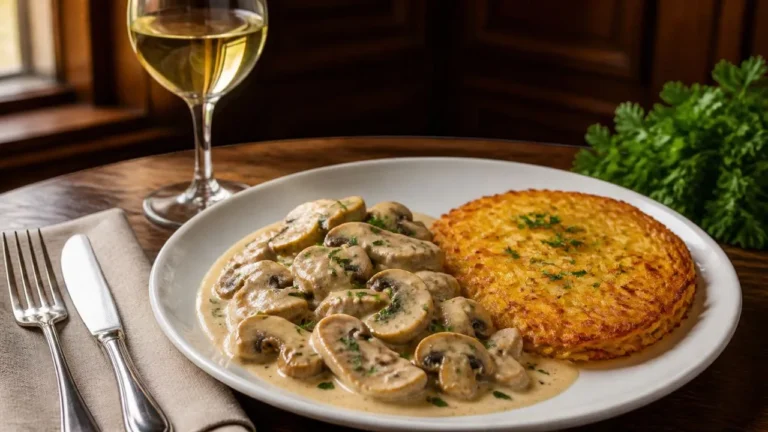 Assiette d'émincé de veau à la zurichoise aux champignons et à la crème, servi avec un rösti doré et un verre de vin blanc