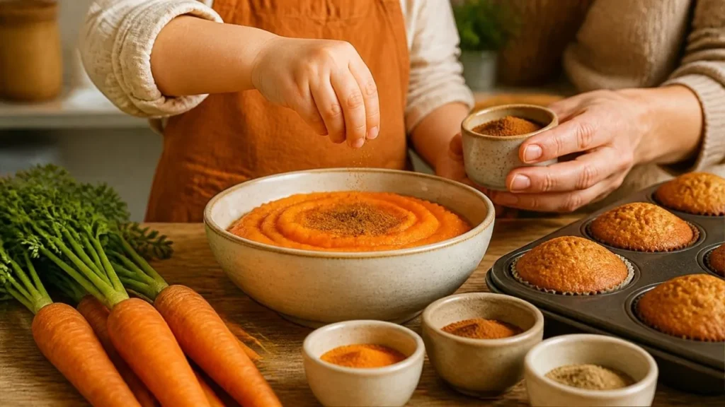 Main d'enfant saupoudrant de la cannelle sur une purée de carottes, à côté de muffins carotte-cannelle et de carottes fraîches