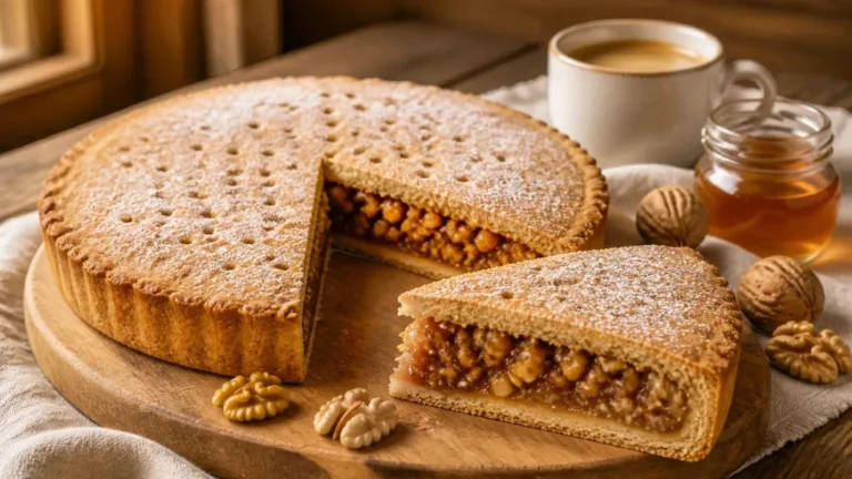 Engadiner Nusstorte, tarte aux noix suisse saupoudrée de sucre glace, avec une part coupée qui montre le cœur de noix au caramel, sur une planche en bois avec des noix, du miel et un café