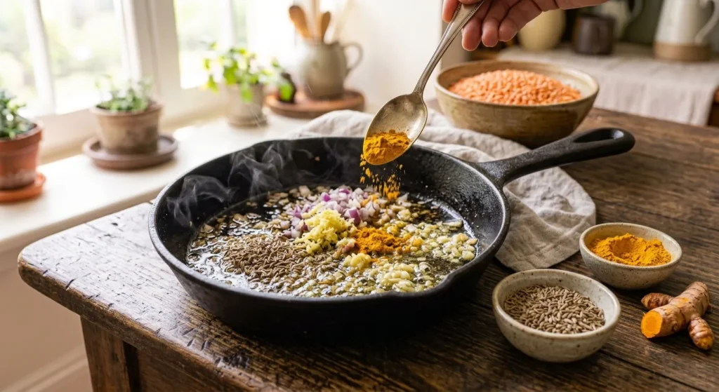 Curcuma en poudre versé dans une poêle où cuisent cumin, oignon, ail et gingembre, à côté de lentilles corail et de racines de curcuma frais