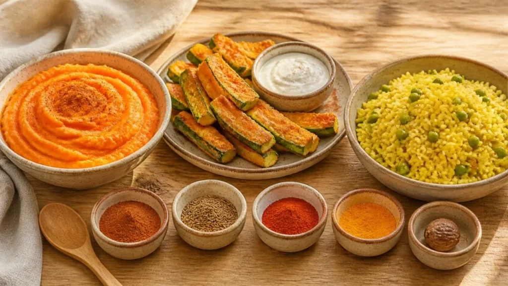 Épices pour enfants : purée de carottes à la cannelle, bâtonnets de courgettes au paprika doux et riz au curcuma, entourés de petits pots d'épices douces