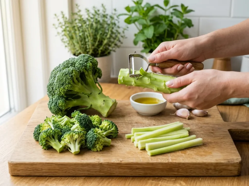 Mains qui épluchent un pied de brocoli au couteau économe sur une planche en bois, à côté de bouquets de brocoli coupés en tronçons et de bâtonnets de tige épluchée