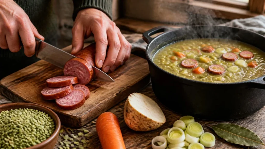 Mains qui coupent une saucisse fumée rookworst en rondelles sur une planche, à côté d'une cocotte de soupe de pois cassés verte qui mijote, de pois cassés secs, de carotte, de céleri-rave et de poireau