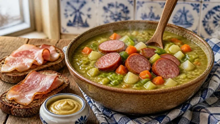 Grand bol d'erwtensoep, soupe de pois cassés hollandaise verte très épaisse avec une cuillère en bois debout, rondelles de saucisse fumée, dés de carotte et de poireau, tartines de pain de seigle au lard fumé et pot de moutarde
