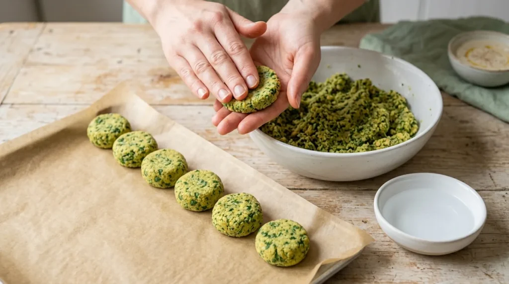 Mains façonnant des croquettes de pois chiches aux herbes avant la cuisson
