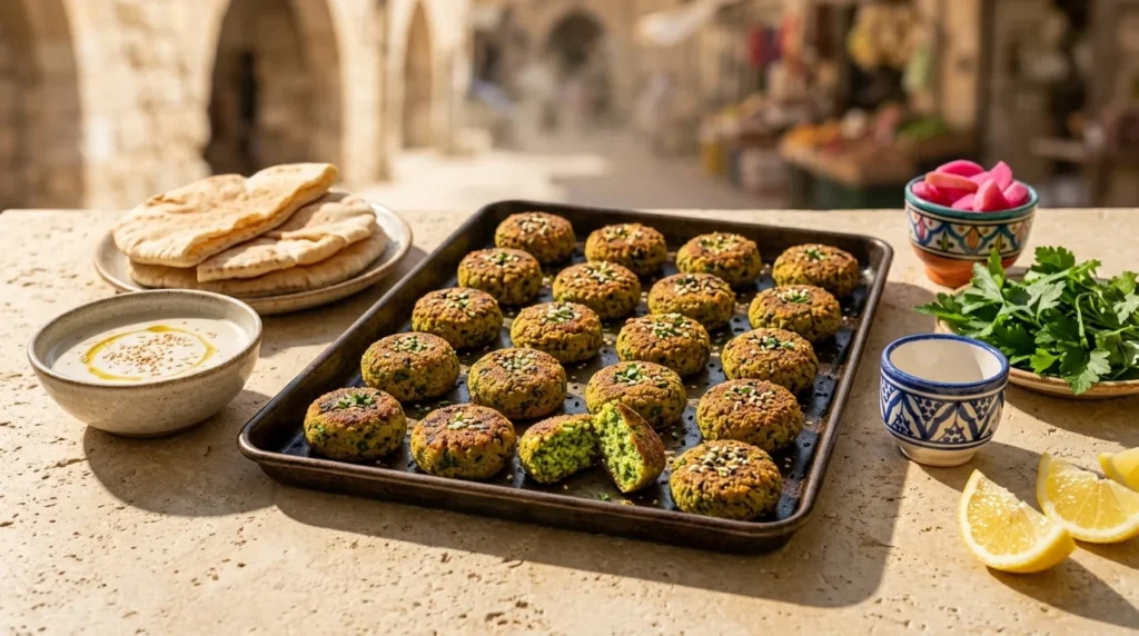 Falafels de pois chiches au four dorés et parsemés de sésame sur une plaque, avec pains pita, sauce au tahini et pickles de navet