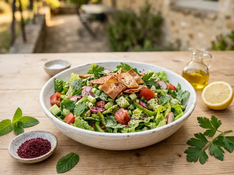 Saladier de fattouche libanaise avec laitue romaine, tomates, concombre, radis, herbes fraîches et pain pita grillé saupoudré de sumac, sur une table en bois en terrasse