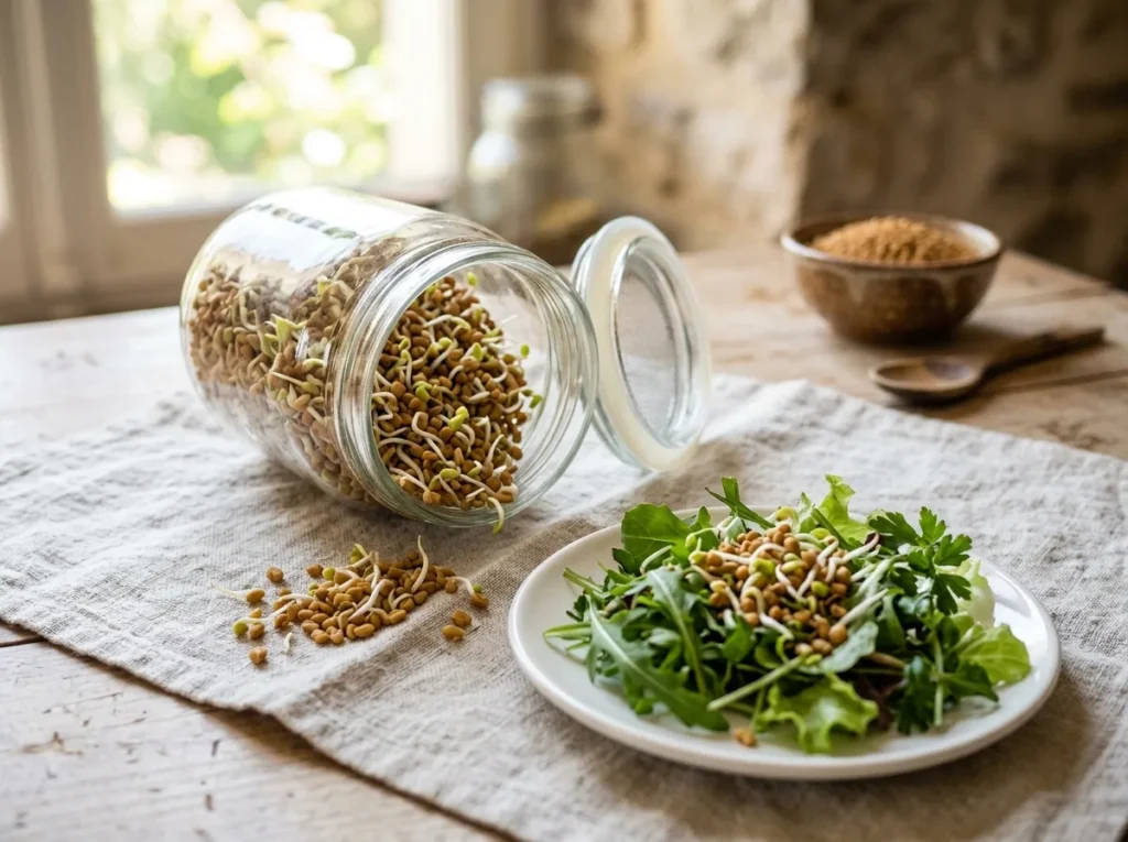 Pote de vidro com brotos de feno-grego deitado sobre um pano de linho, ao lado de um prato de salada verde com brotos de feno-grego