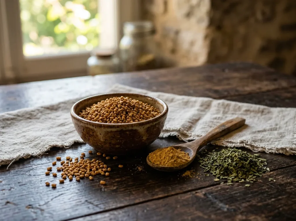 Bol de graines de fenugrec sur une table en bois, avec une cuillère de fenugrec en poudre et des feuilles de fenugrec séchées (kasuri methi)