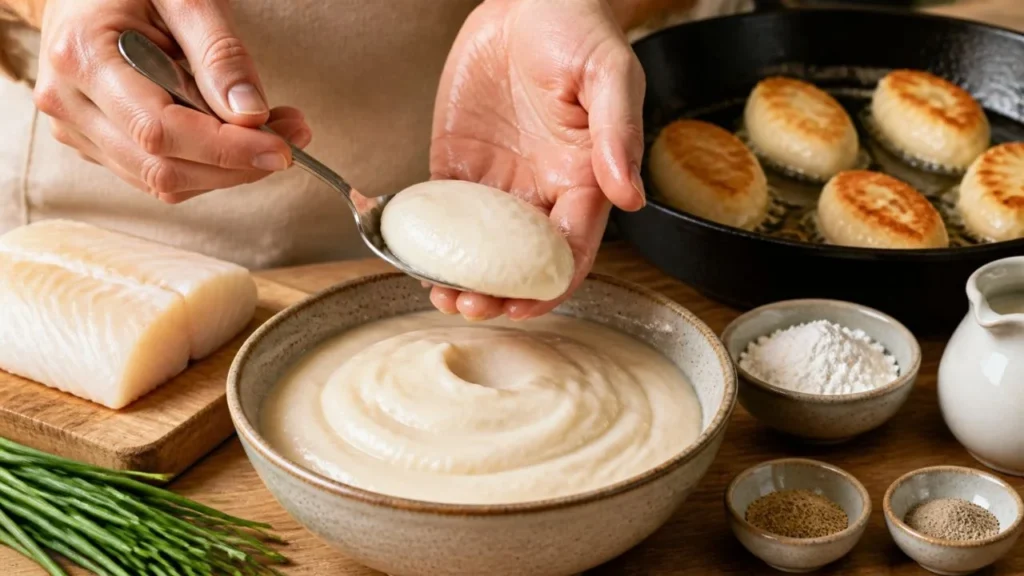 Mains propres qui façonnent une galette ovale de farce de poisson blanc avec une cuillère mouillée, à côté d'un filet de cabillaud, d'un bol de robot, de fécule, de lait et d'une poêle où dorent les fiskekaker