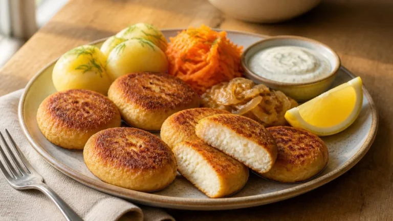 Assiette de fiskekaker, galettes de poisson norvégiennes dorées dont une coupée montrant l'intérieur blanc et moelleux, avec pommes de terre à l'aneth, carottes râpées, oignons caramélisés, citron et sauce blanche à l'aneth