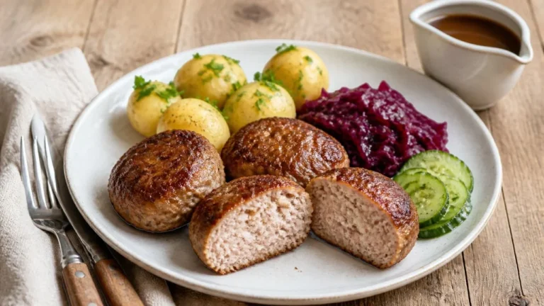 Assiette de frikadeller, boulettes de viande danoises ovales bien dorées, l'une coupée en deux sur un intérieur juteux, avec pommes de terre nouvelles persillées, chou rouge aigre-doux, salade de concombre et saucière de sauce brune