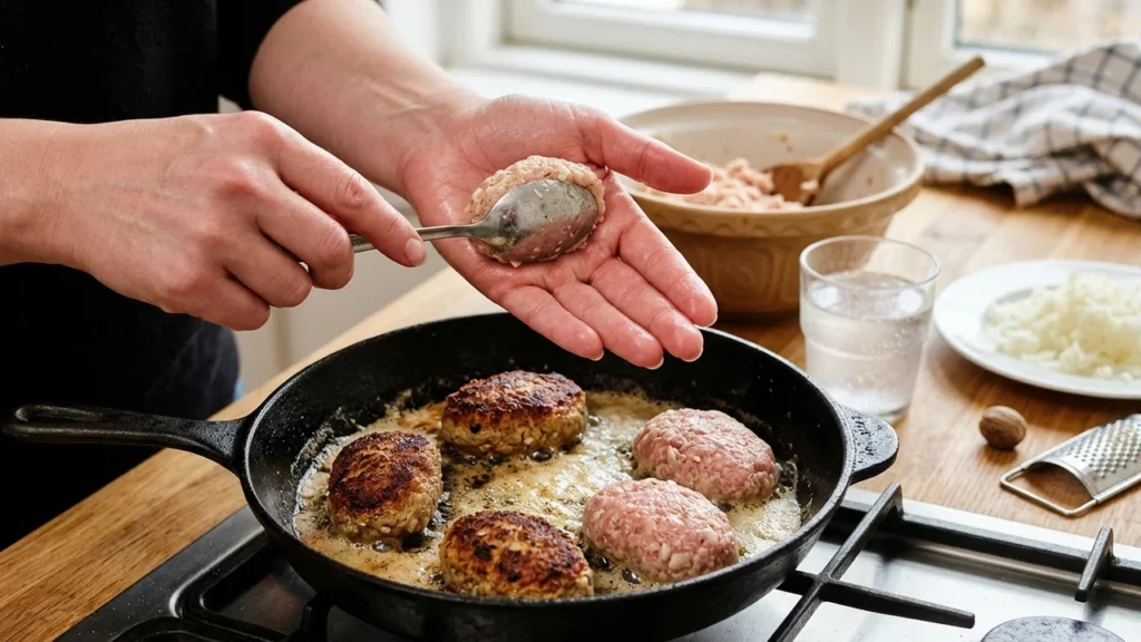 Mains qui façonnent à la cuillère une boulette ovale de viande hachée au-dessus d'une poêle en fonte où d'autres frikadeller dorent dans le beurre mousseux, à côté du saladier de farce, d'un verre d'eau gazeuse et d'une noix de muscade