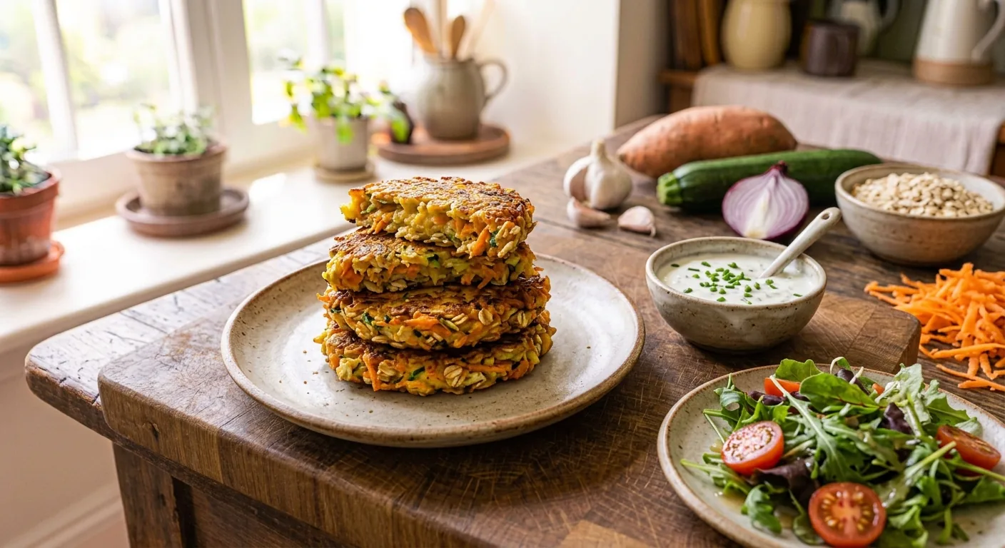 Pile de galettes dorées aux flocons d'avoine, carotte et courgette, avec une sauce au yaourt à la ciboulette et une salade verte
