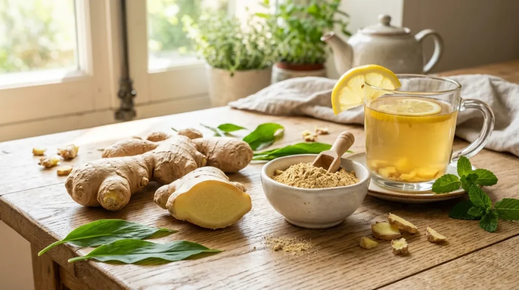 Gingembre frais entier et coupé, gingembre en poudre et tasse d’infusion de gingembre au citron sur une table en bois