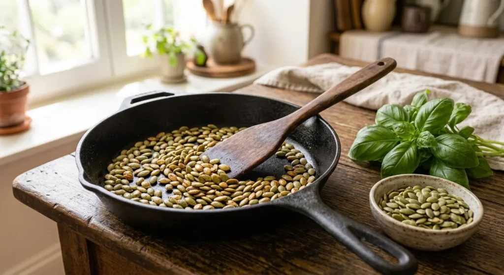 Pompoenpitten die roosteren in een gietijzeren koekenpan met een houten spatel, naast verse basilicum