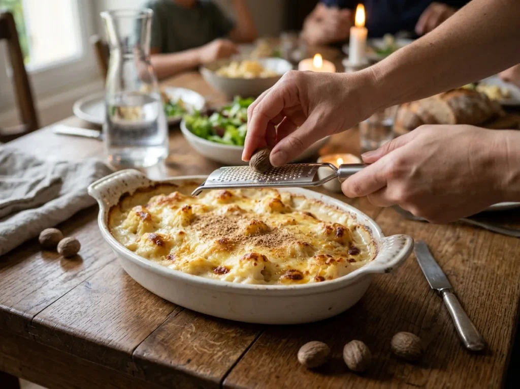Hender som river muskatnøtt over en gyllen blomkålgrateng med béchamelsaus på et familiebord i tre