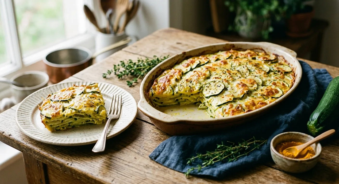 Gratin de courgettes sans crème doré dans un plat en céramique, une part servie dans une assiette, thym frais et curcuma en poudre