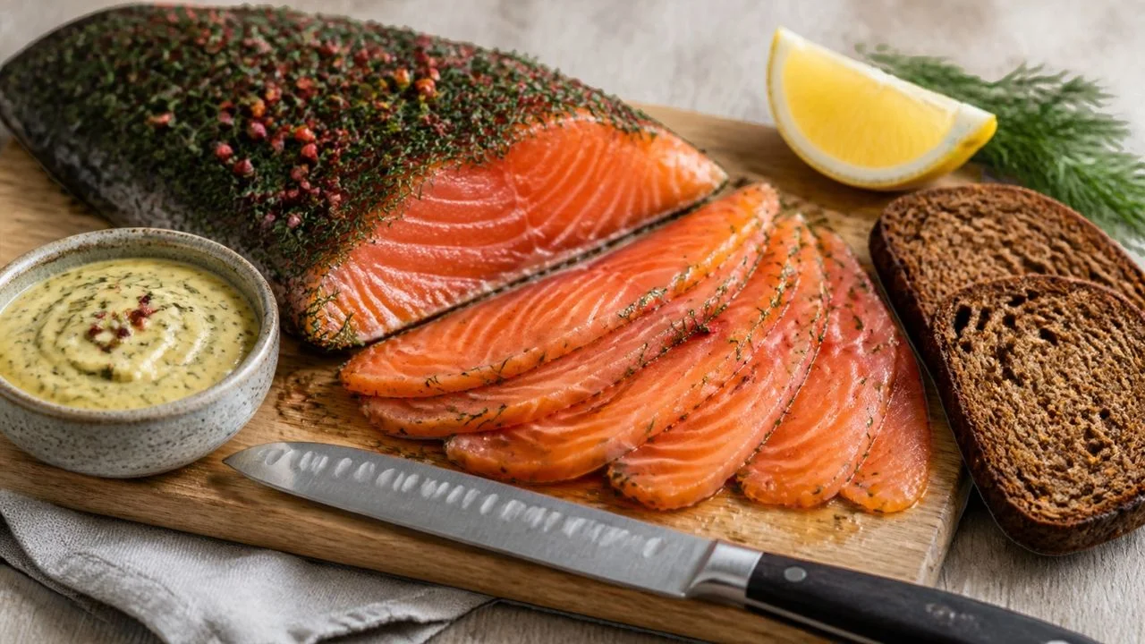 Gravlax de saumon maison recouvert d'aneth et de baies roses, en partie tranché en fines lamelles, avec sauce moutarde-aneth, pain de seigle et citron