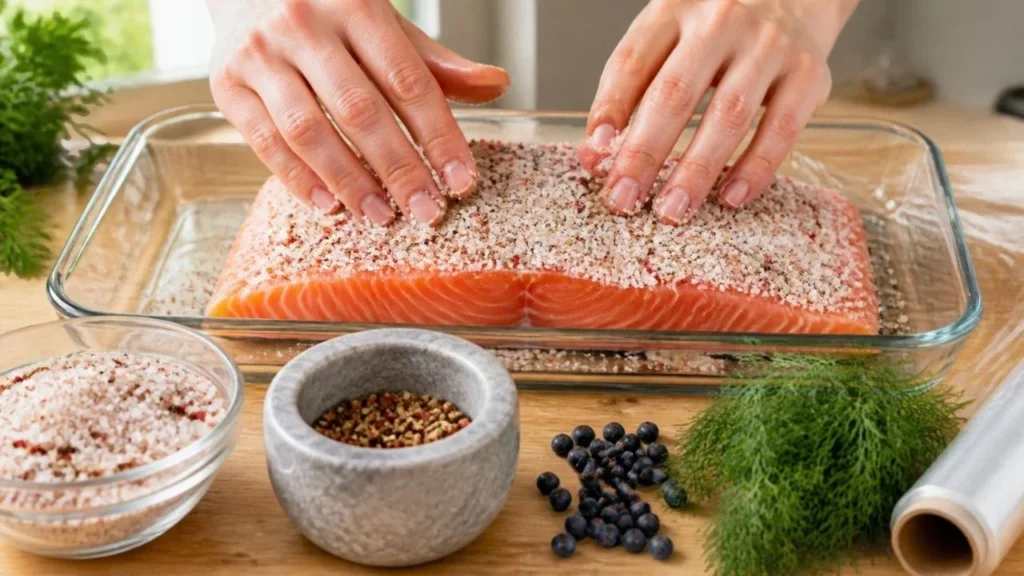 Mains qui étalent le mélange de gros sel, de sucre et de poivres concassés sur un filet de saumon cru, avec un bouquet d'aneth frais prêt à le recouvrir