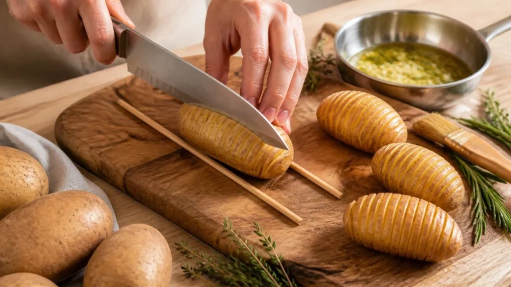 Hände schneiden eine rohe Kartoffel zwischen zwei Holzstäbchen in dünne Scheiben, daneben bereits aufgefächerte Kartoffeln und geschmolzene Knoblauchbutter