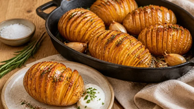 Hasselback potatoes, pommes de terre à la suédoise coupées en éventail, dorées et croustillantes au beurre à l'ail, au thym et au paprika fumé dans un plat en fonte