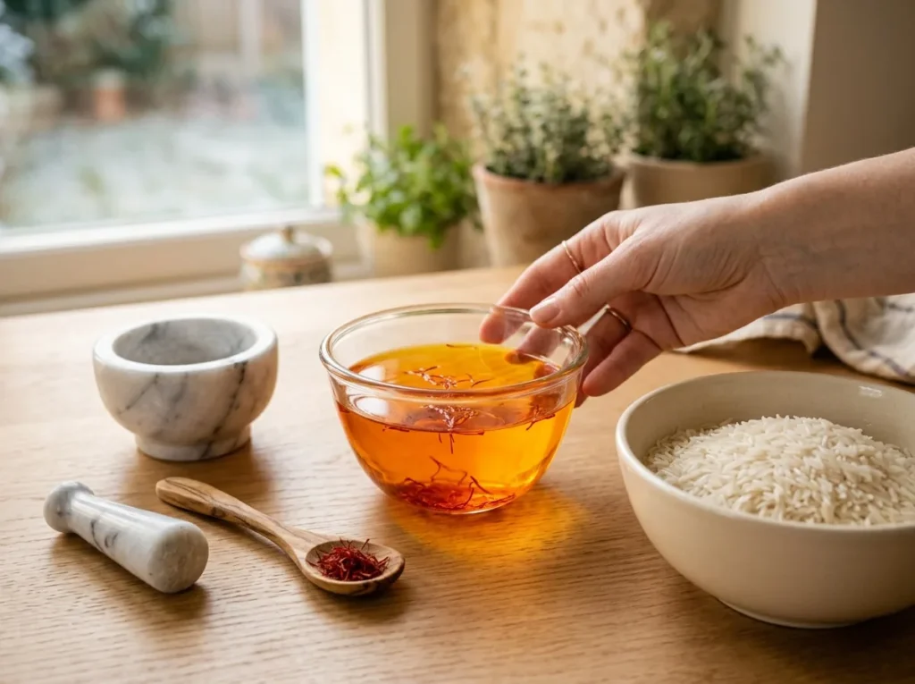Pistils de safran qui infusent dans un bol d'eau chaude orange, à côté d'un mortier en marbre, d'une cuillère de safran et d'un bol de riz basmati