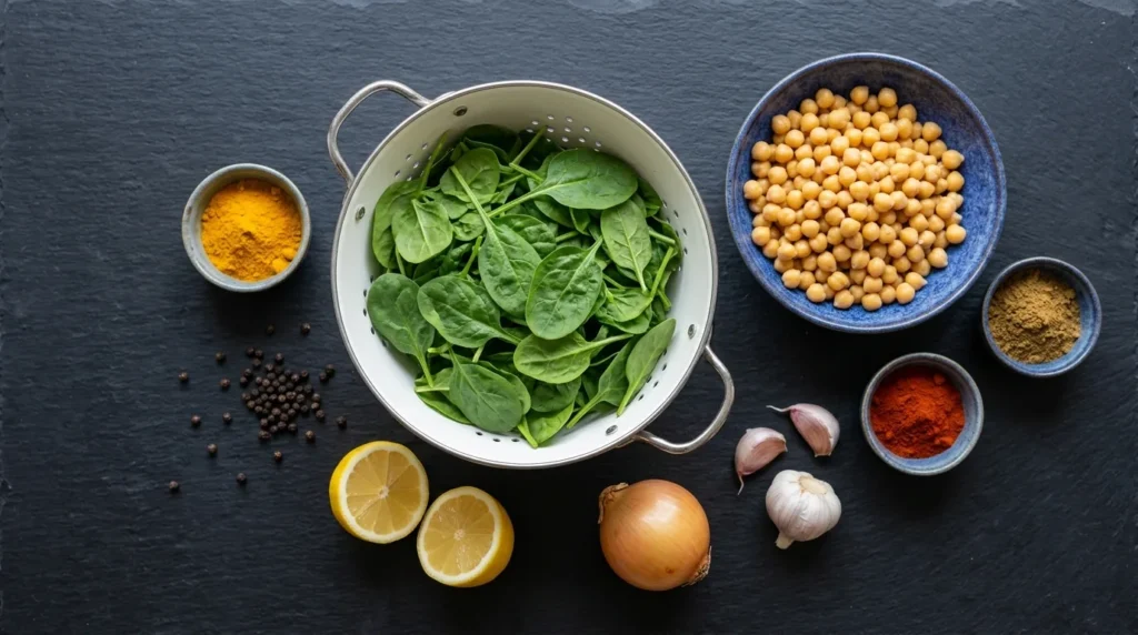 Ingrédients de la poêlée : pousses d'épinards, pois chiches, curcuma, cumin, paprika, poivre noir, ail, oignon et citron