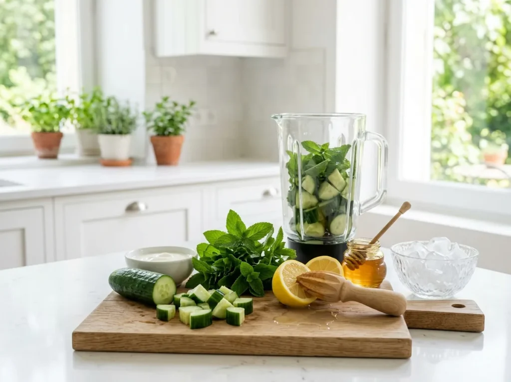 Ingrédients du smoothie au concombre sur une planche en bois : concombre en dés, menthe fraîche, citron pressé, yaourt, miel et glaçons, devant un blender rempli de concombre et de menthe