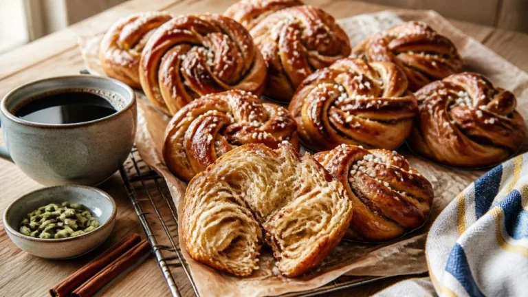 Kanelbullar, brioches suédoises à la cannelle façonnées en nœuds, dorées et couvertes de sucre perlé, dont une ouverte, avec un café, de la cardamome et des bâtons de cannelle
