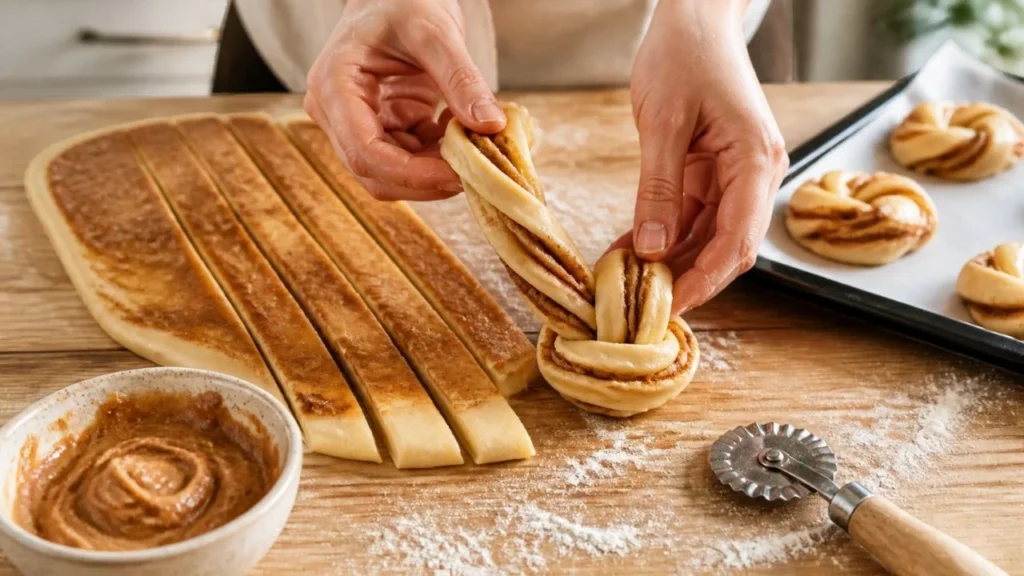 Mains qui torsadent une bande de pâte à brioche garnie de beurre à la cannelle pour former un nœud de kanelbulle, à côté d'autres nœuds prêts à cuire
