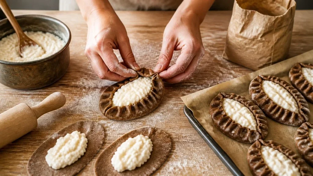 Mains qui plissent le bord d'une fine pâte de seigle garnie de riz au lait pour former une karjalanpiirakka, à côté d'autres tartelettes prêtes à cuire
