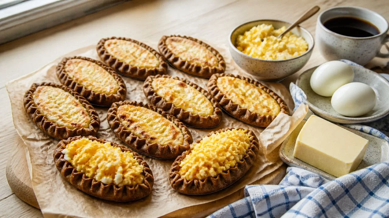 Karjalanpiirakka, tartelettes caréliennes ovales en pâte de seigle plissée garnies de riz au lait, dont deux nappées de munavoi, sur une planche en bois avec un café