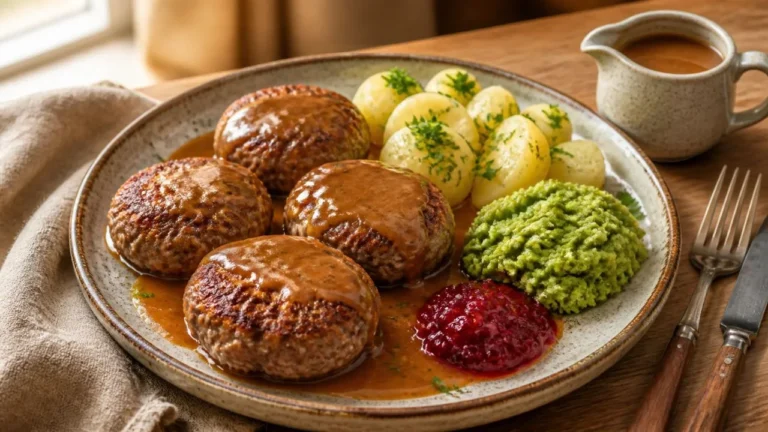 Assiette de kjøttkaker, grosses boulettes de viande norvégiennes aplaties nappées de sauce brune brillante, avec pommes de terre vapeur au persil, purée de petits pois verts et confiture d'airelles
