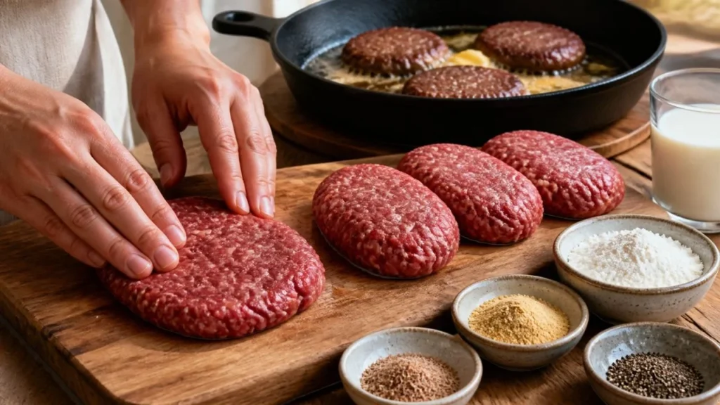 Mains propres qui aplatissent une boule de bœuf haché en galette ovale sur une planche en bois, à côté d'autres kjøttkaker façonnées et d'une poêle en fonte où dorent les boulettes