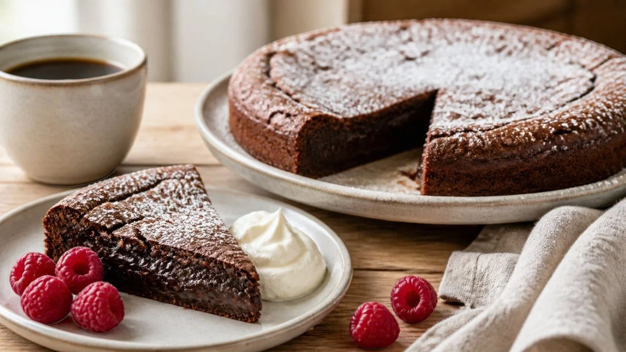 Kladdkaka, gâteau au chocolat suédois saupoudré de sucre glace, une part coupée au cœur fondant et collant, avec crème fouettée, framboises et café