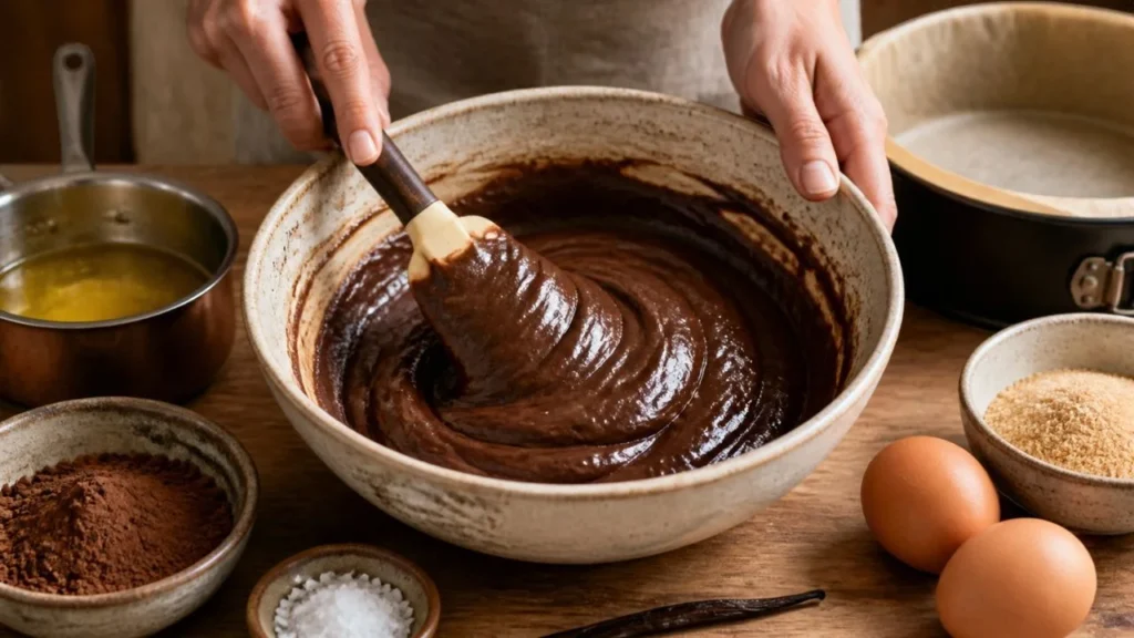 Mains qui mélangent à la maryse une pâte au chocolat épaisse et brillante dans un saladier, à côté du beurre fondu, du cacao, des œufs et d'un moule rond chemisé