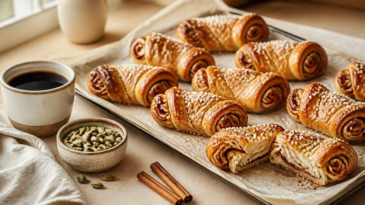 Korvapuusti, brioches finlandaises à la cannelle en forme d'oreilles, dorées et parsemées de sucre perlé, dont une coupée en deux, avec de la cardamome et un café