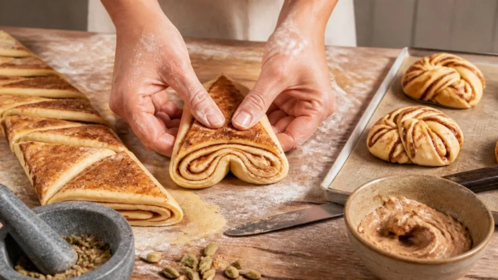 Mains qui appuient avec les pouces sur un morceau de pâte roulée à la cannelle pour façonner une korvapuusti, à côté d'autres brioches prêtes à cuire