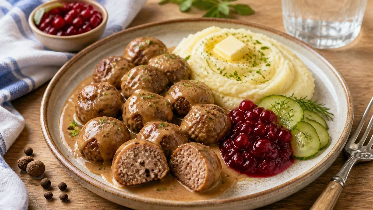Assiette de köttbullar, boulettes de viande suédoises dorées nappées de sauce brune à la crème, avec purée de pommes de terre, confiture d'airelles et concombre mariné à l'aneth