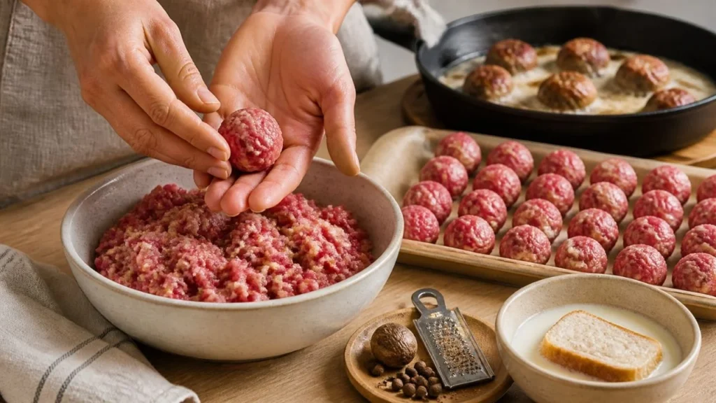 Hände formen ein rohes Fleischbällchen über einer Schüssel Hackfleischmasse, neben einem Tablett mit geformten Köttbullar