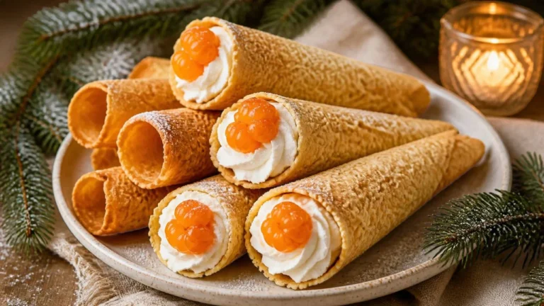 Krumkake, gaufrettes norvégiennes fines et dorées roulées en cornet avec un motif gravé, certaines garnies de crème fouettée et de plaquebières, sur une table de Noël