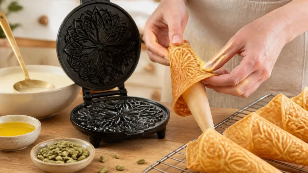 Mains qui roulent une gaufrette chaude et fine autour d'un cône en bois, à côté d'un fer à krumkake ouvert au motif floral gravé et de cornets refroidissant sur une grille